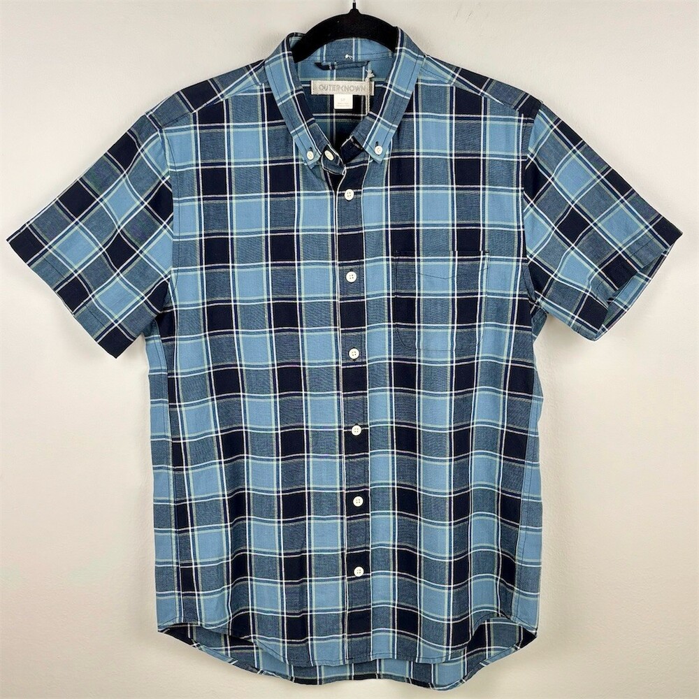 Outerknown Mens Plaid Short Sleeve Button-Up Shirt Blue 100% Organic Cotton